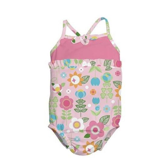 Costum de baie fetita cu scutec inot integrat IPlay Pink Flowers 18 luni SPF50+