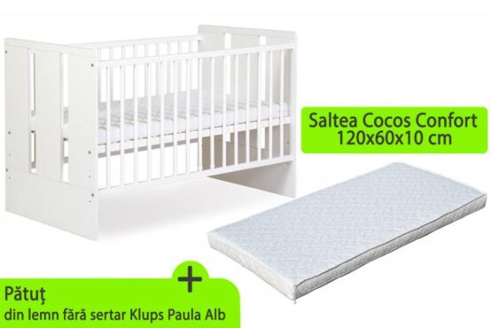 Patut fara sertar KLUPS Paula Alb + Saltea 10 MyKids Confort II