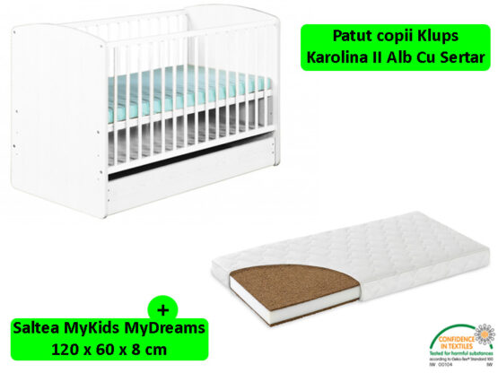 Patut cu sertar Klups Karolina II Alb + Saltea 8 MyKids MyDreams II